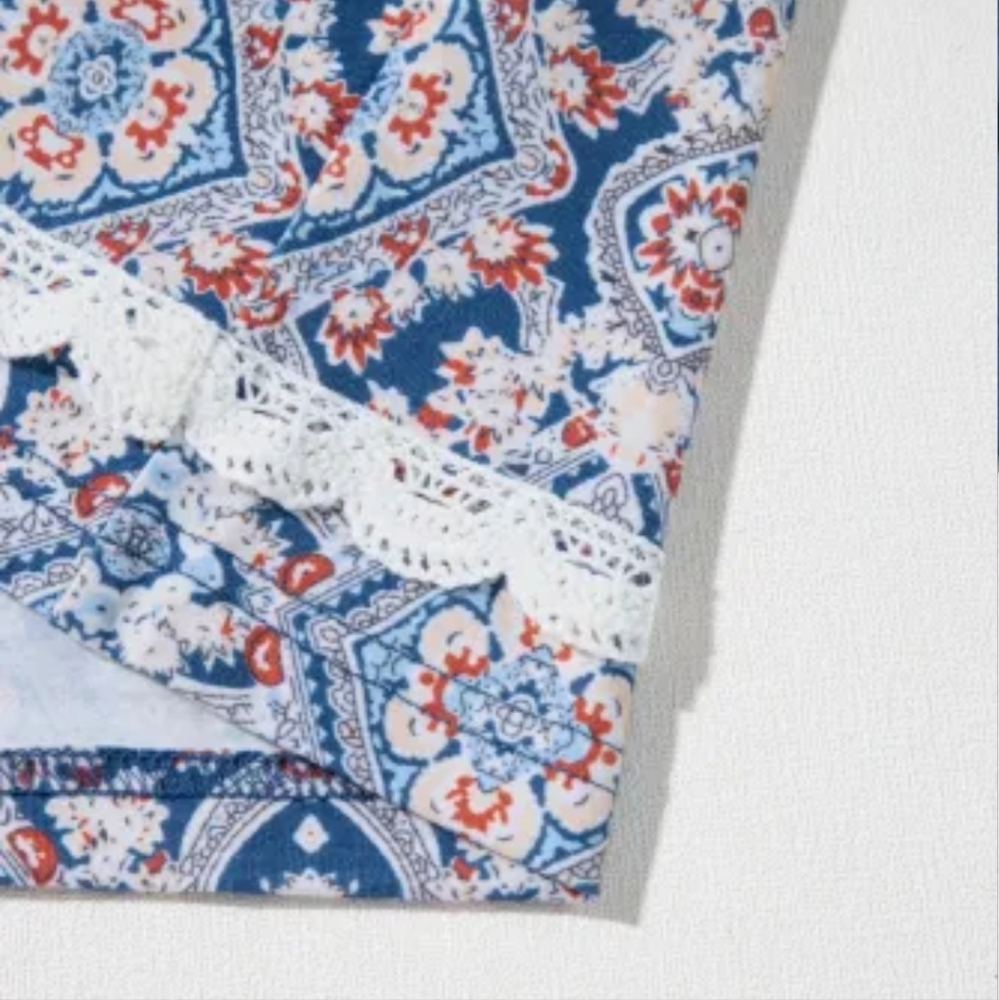 New Blue Patterned Lace Detail Women's Top - Picture 11 of 15